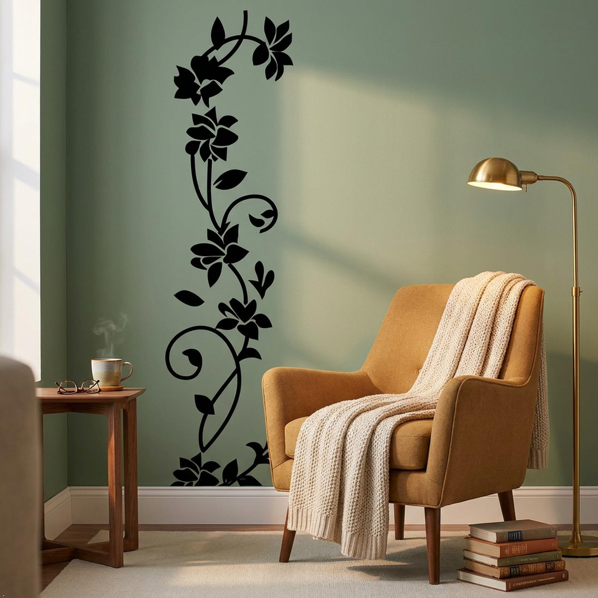 Rattan Flower Vine Wall Decal, Black, 12 x 41 in