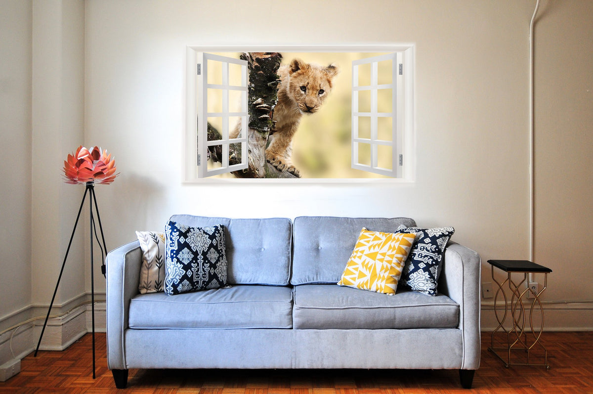 Picniva Lion Cub Beside Tree 3D Faux Window Wall Mural Decal, 22 x 14 in