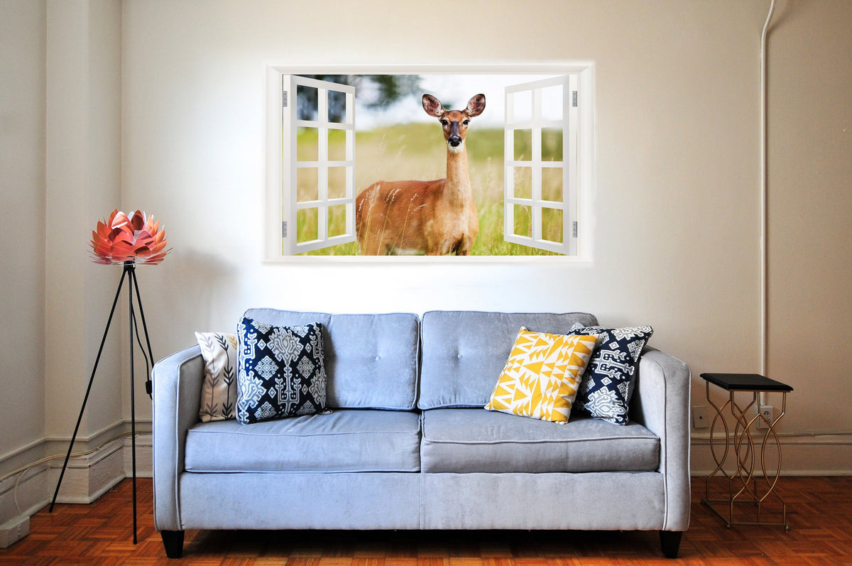 Picniva Prairie Deer Portrait 3D Faux Window Wall Mural Decal, 22 x 14 in