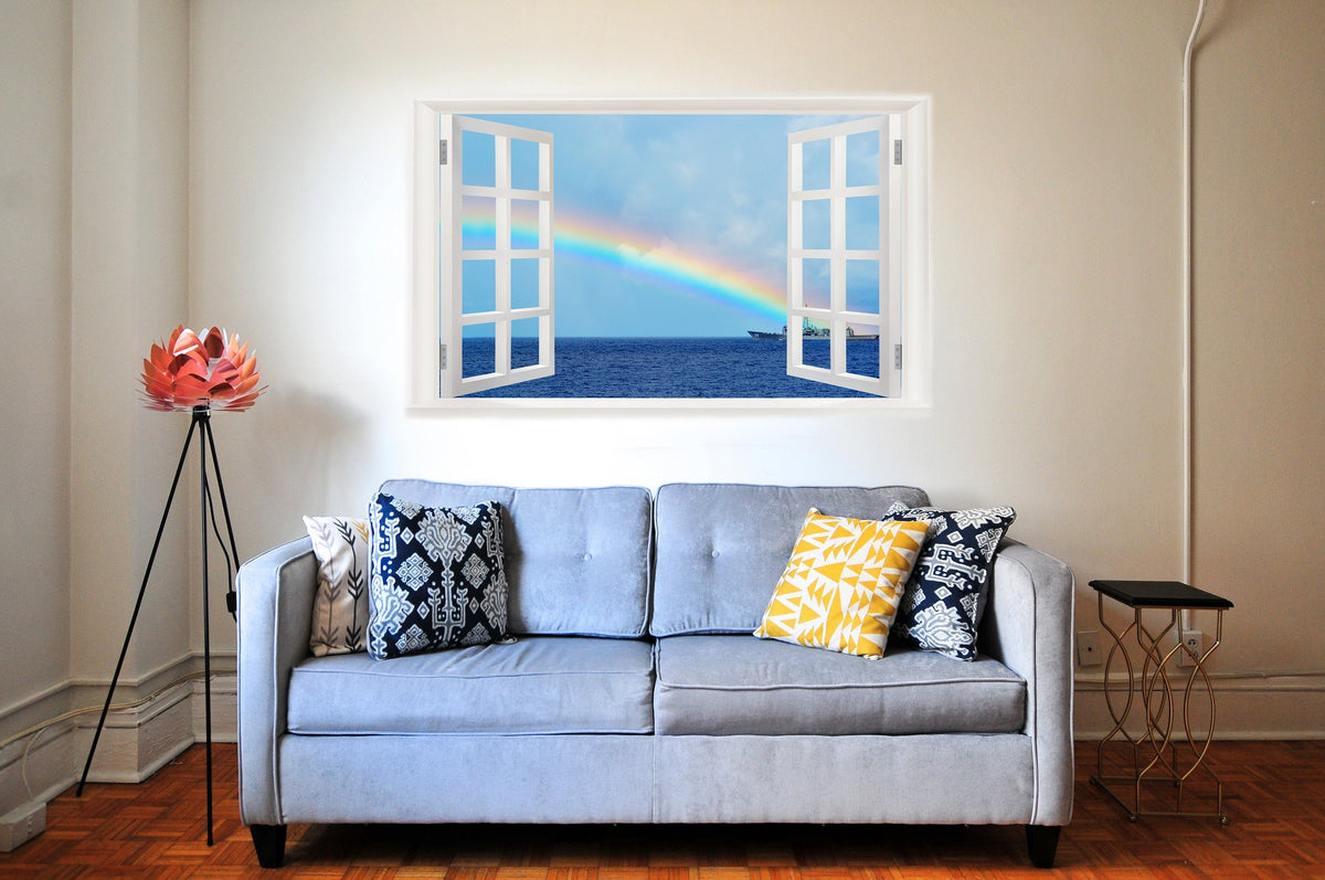 Picniva Rainbow Ship Seascape 3D Faux Window Wall Mural Decal, 22 x 14 in