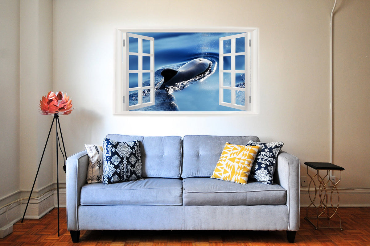 Picniva Surfacing Whale Ocean 3D Faux Window Wall Mural Decal, 22 x 14 in