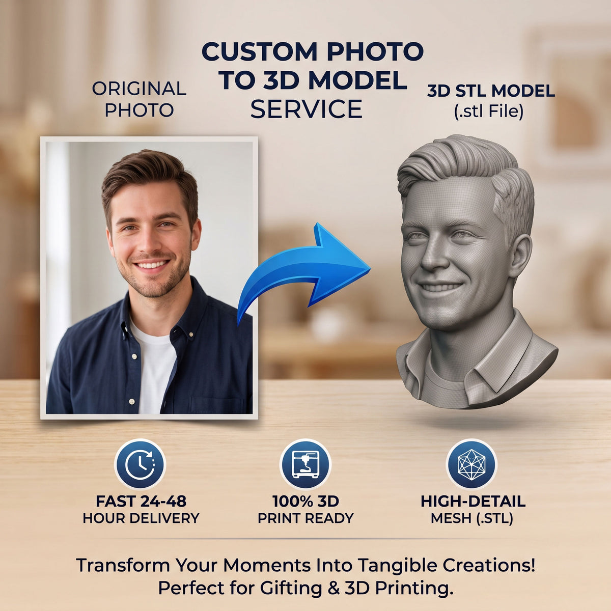 Custom Photo to 3D STL File, Personalized Portrait 3D Model, Turn Image into 3D Print Design, Custom Bust Digital Download File