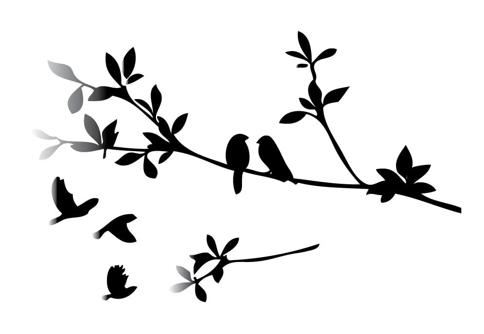 Picniva Flying Birds Tree Branch Vinyl Wall Decal, Glossy Black, 9 x 22 in