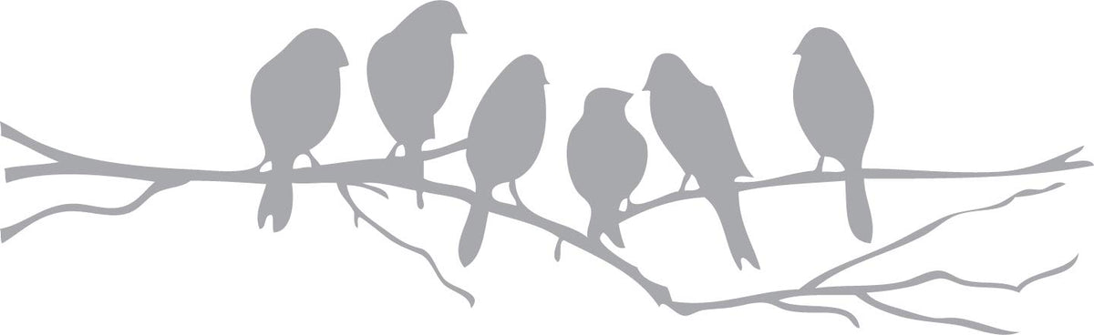 Picniva Six Birds on Tree Branch Vinyl Wall Decal, Silver, 22 x 7 in