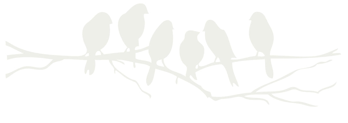 Picniva Six Birds on Tree Branch Vinyl Wall Decal, Matte White, 22 x 7 in
