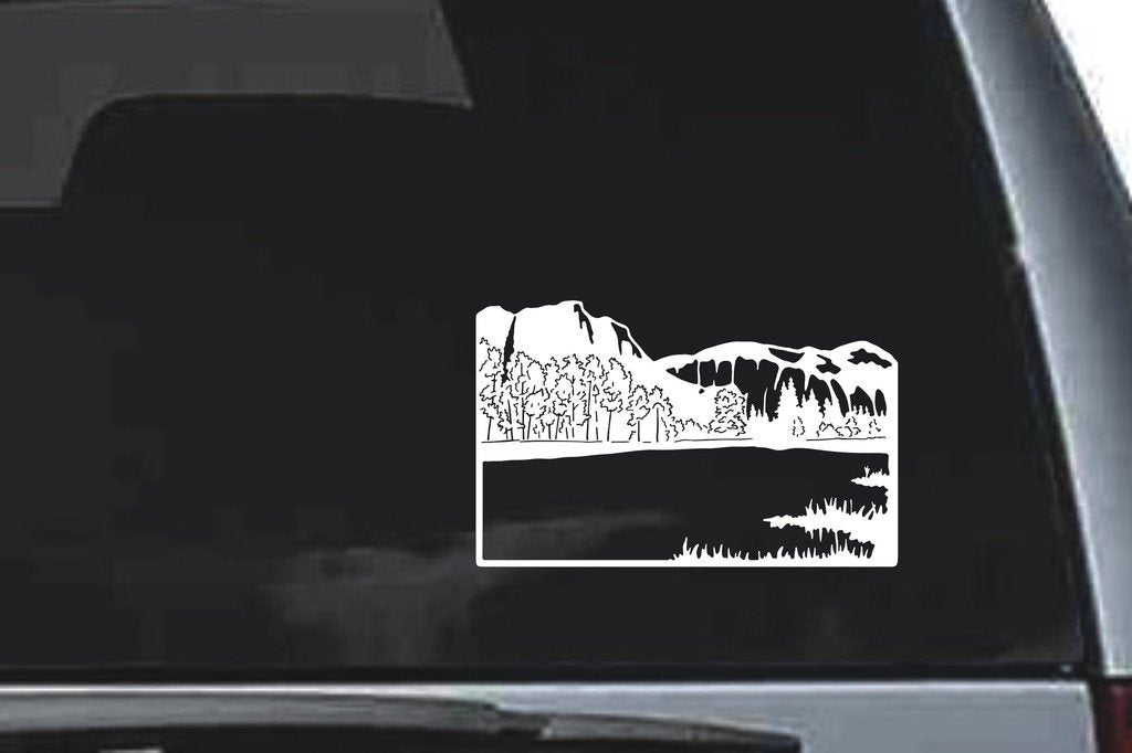 Picniva Framed Mountain Lake Sty1 Vinyl Car Window Decal, Approx 5 in
