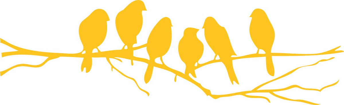 Picniva Six Birds on Tree Branch Vinyl Wall Decal, Yellow, 22 x 7 in