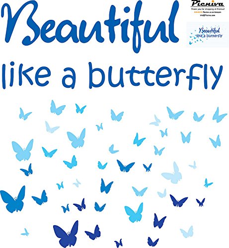 Picniva Beautiful Like a Butterfly Wall Decal, Blue, 22 in Wide
