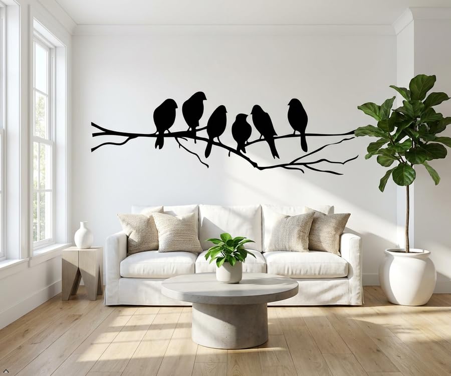 Picniva Six Birds on Tree Branch Vinyl Wall Decal, Black, 22 x 7 in