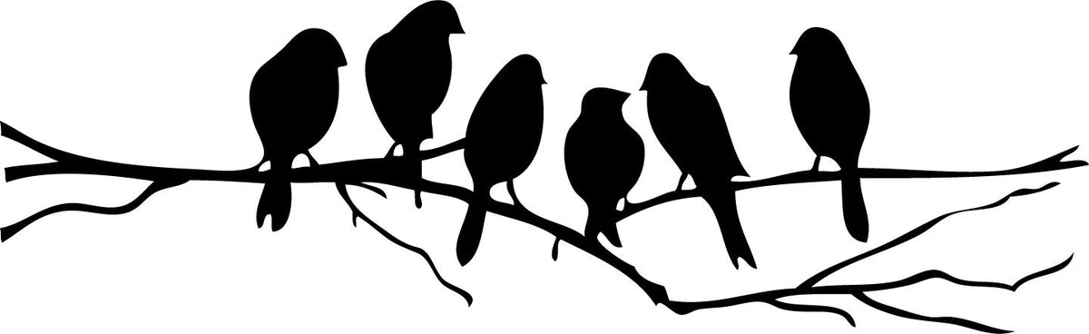 Picniva Six Birds on Tree Branch Vinyl Wall Decal, Black, 22 x 7 in