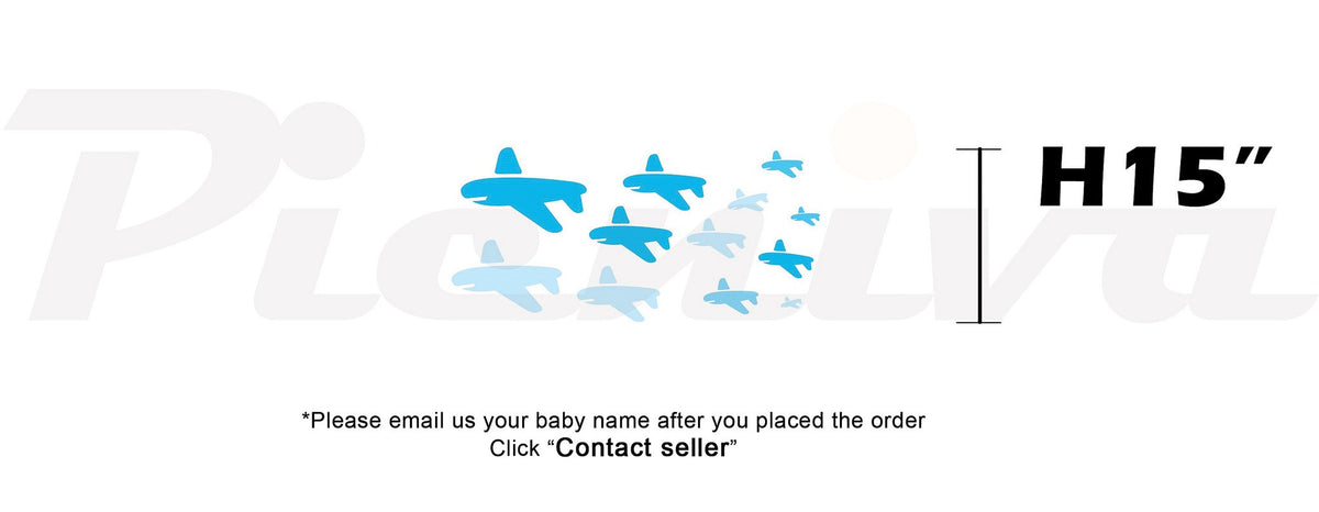 Picniva Custom Baby Name Wall Decal, Blue Airplane, Font One