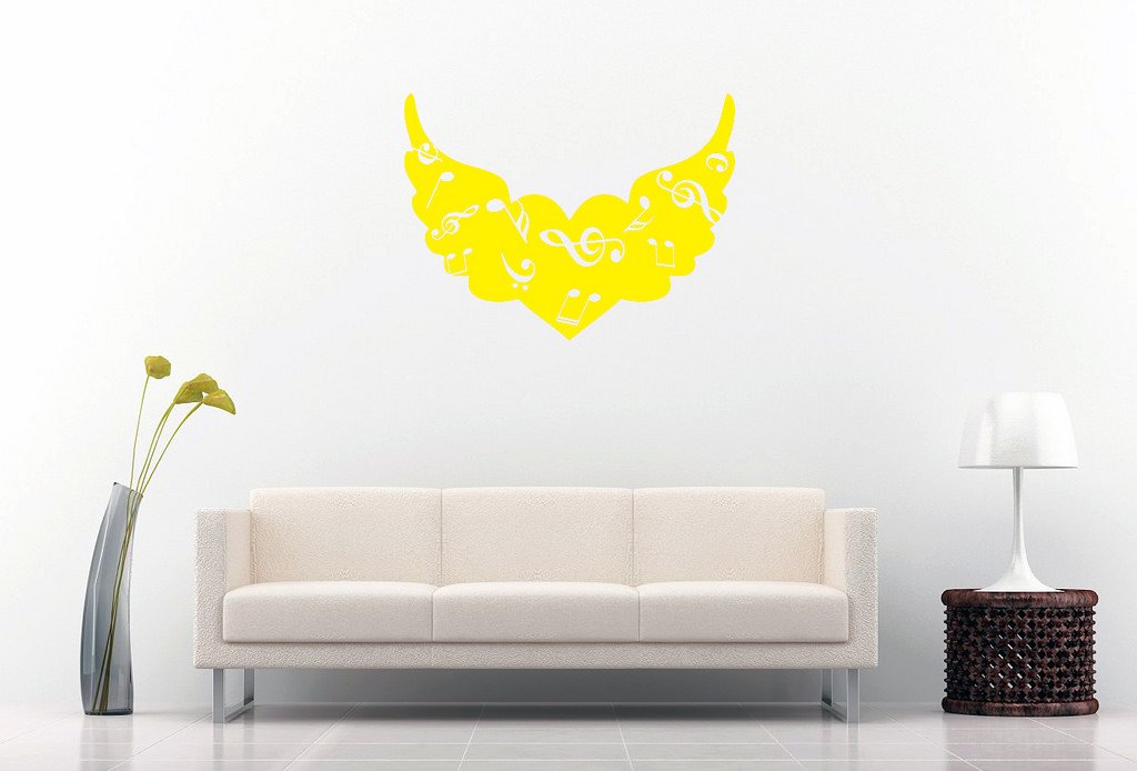 Picniva Angel Wings Heart Music Notes Wall Decal, Yellow 10 in