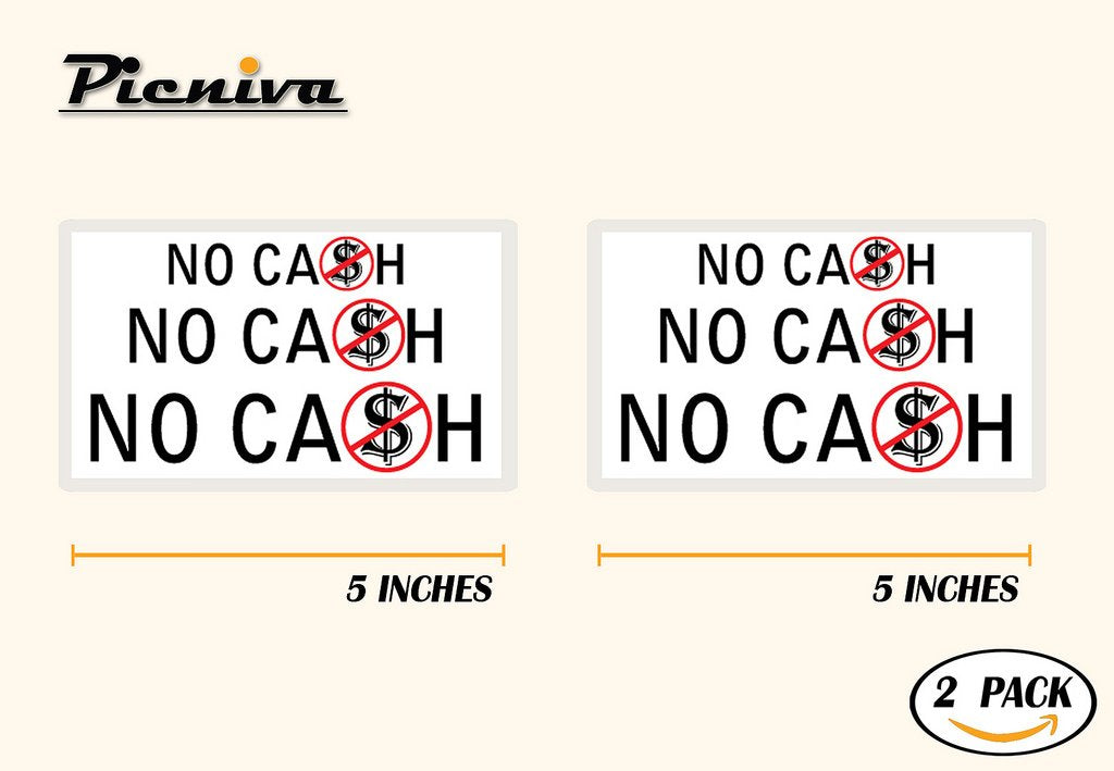 Picniva No Cash Warning Vinyl Decals, 5 in Diameter, Two Pack