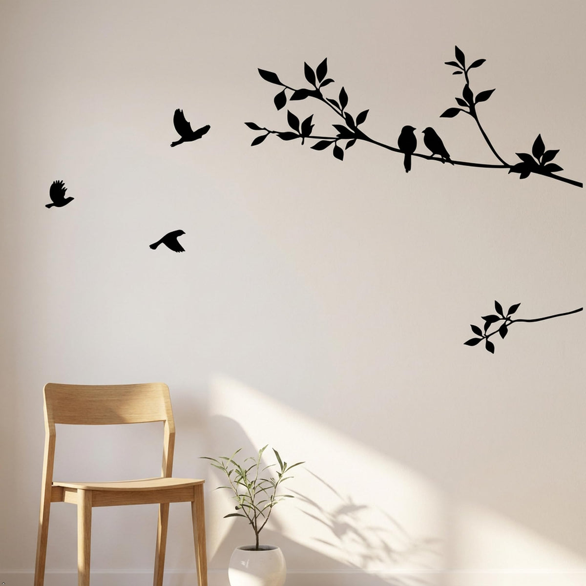 Picniva Flying Birds Tree Branch Vinyl Wall Decal, Black, 9 x 22 in