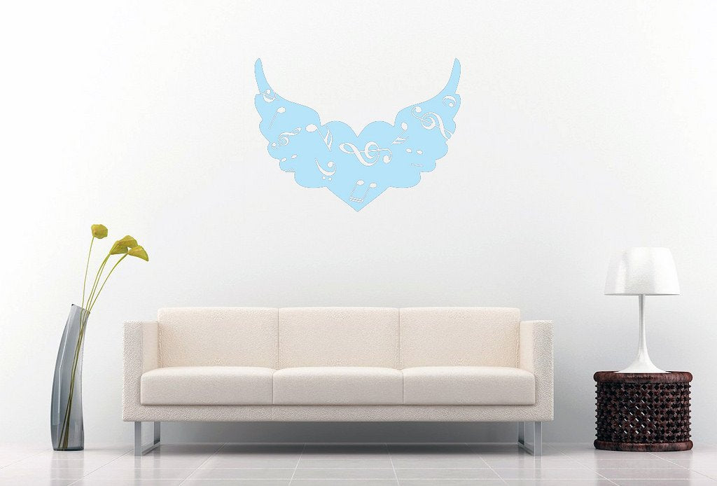 Picniva Angel Wings Heart Music Notes Wall Decal, Sky Blue 10 in