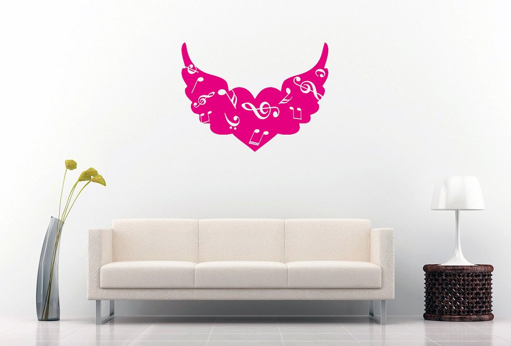 Picniva Angel Wings Heart Music Notes Wall Decal, Hot Pink 10 in