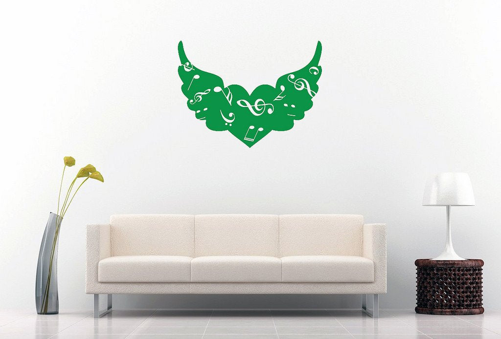 Picniva Angel Wings Heart Music Notes Wall Decal, Green 10 in