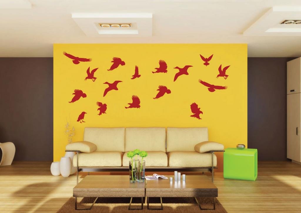 Picniva Red 16 Birds Removable Vinyl Wall Decal Avian Nursery Nature Art - Color: Red