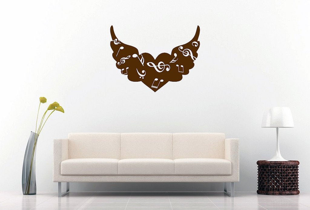 Picniva Angel Wings Heart Music Notes Wall Decal, Chocolate Brown 10 in