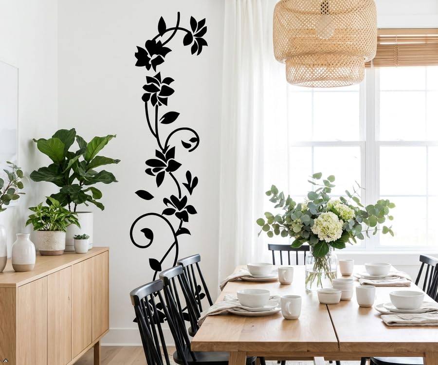 Rattan Flower Vine Wall Decal, Black, 12 x 41 in