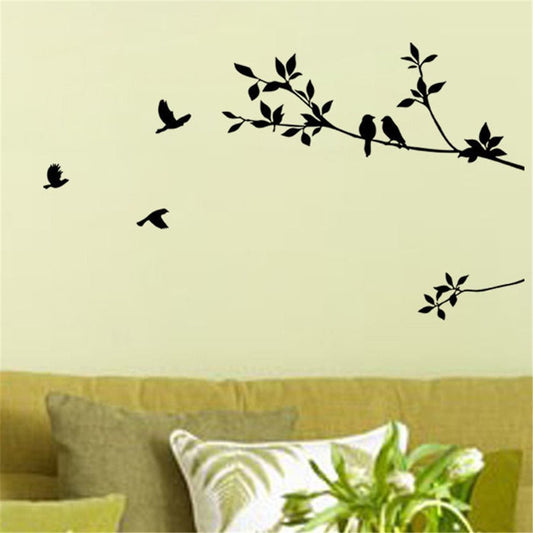 Birds Flying Tree Branches Wall Decal, Black, 17 x 40 in
