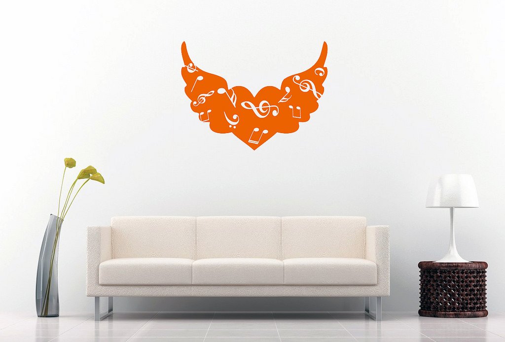 Picniva Angel Wings Heart Music Notes Wall Decal, Orange 10 in