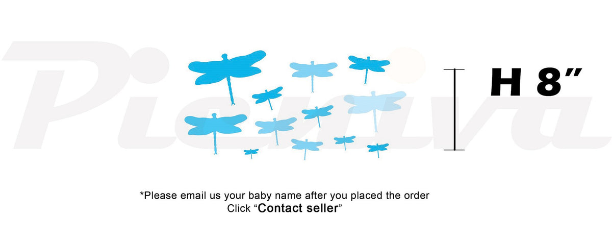 Picniva Custom Baby Name Wall Decal, Blue Dragonfly, Font One