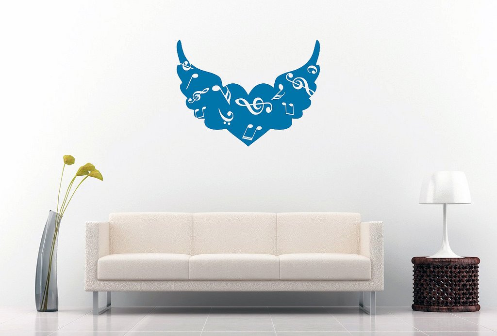 Picniva Angel Wings Heart Music Notes Wall Decal, Blue 10 in