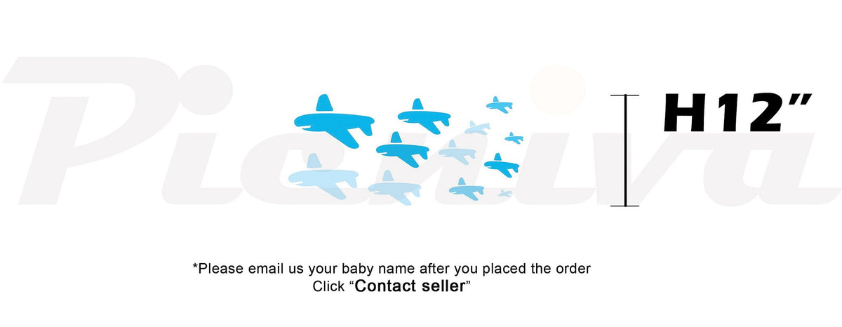 Picniva Custom Baby Name Wall Decal, Blue Airplane, Font One
