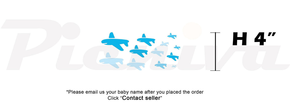 Picniva Custom Baby Name Wall Decal, Blue Airplane, Font Two