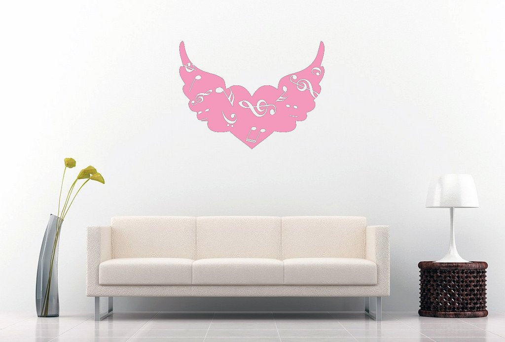 Picniva Angel Wings Heart Music Notes Wall Decal, Bubblegum Pink 10 in