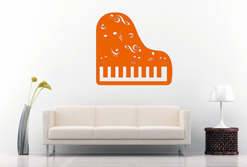 Picniva Grand Piano Music Notes Wall Decal, Orange 10 in