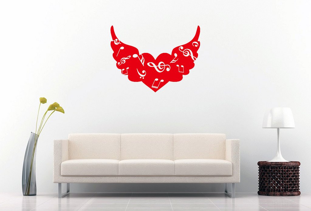 Picniva Angel Wings Heart Music Notes Wall Decal, Red 10 in