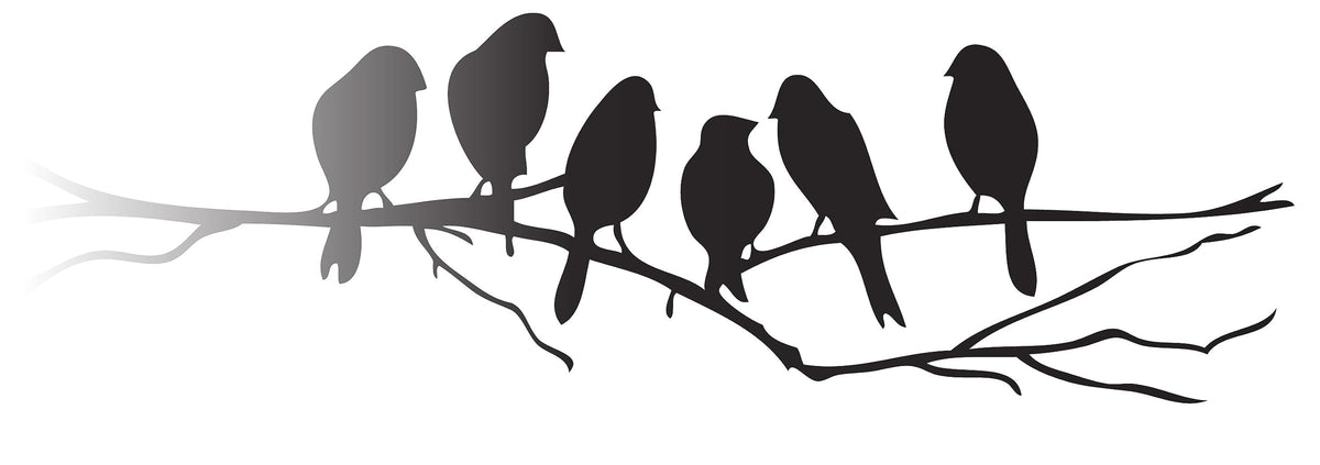 Picniva Six Birds on Tree Branch Vinyl Wall Decal, Glossy Black, 22 x 7 in