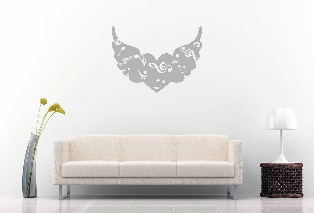 Picniva Angel Wings Heart Music Notes Wall Decal, Grey 10 in