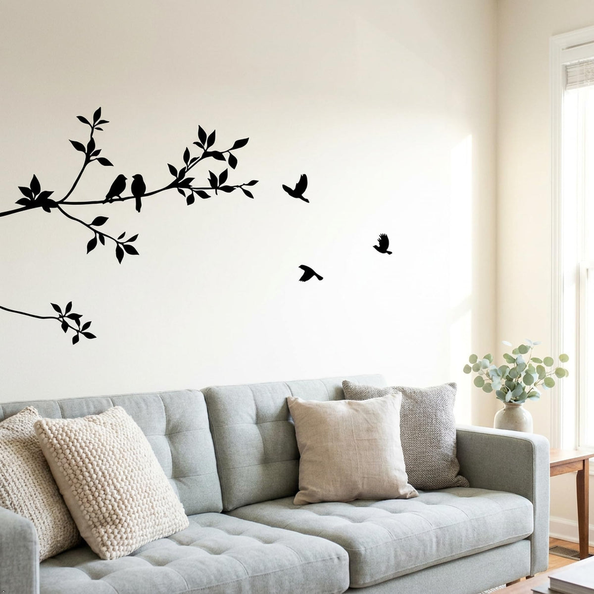 Picniva Flying Birds Tree Branch Vinyl Wall Decal, Black, 9 x 22 in