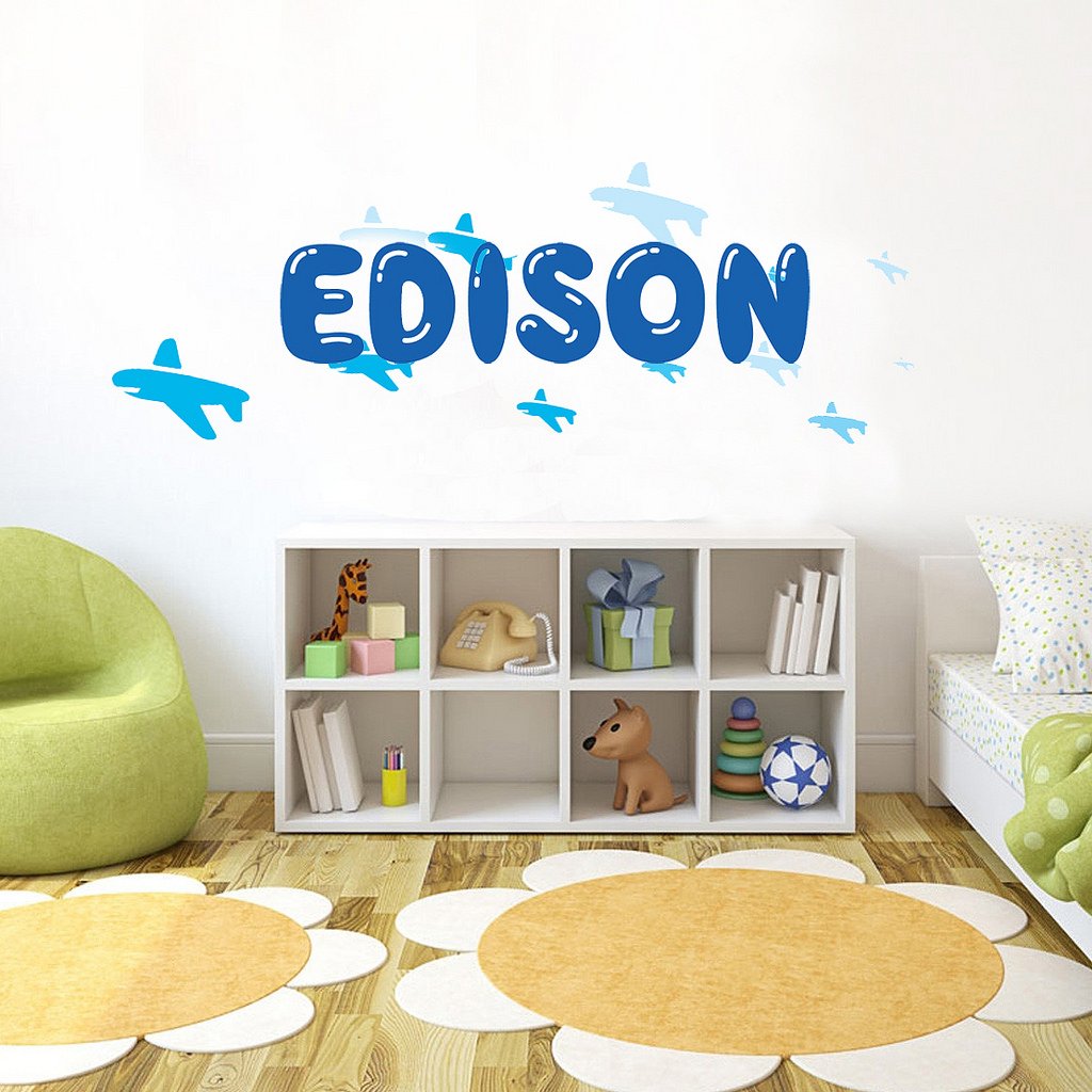 Picniva Custom Baby Name Wall Decal, Blue Airplane, Font Three