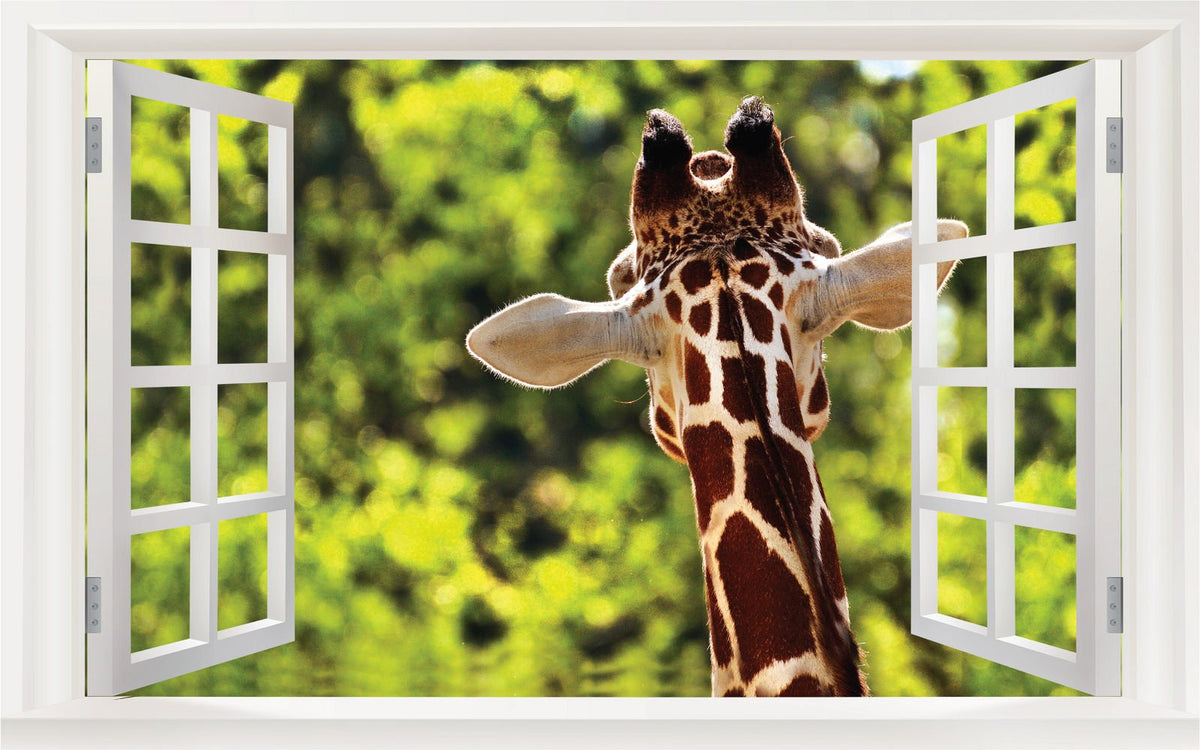 Picniva Giraffe Portrait 3D Faux Window Wall Mural Decal, 22 x 14 in
