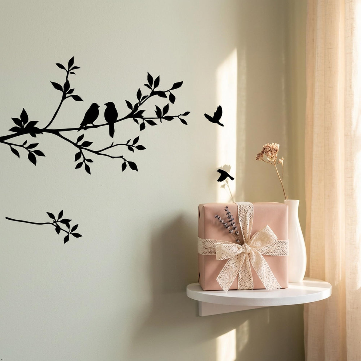Picniva Flying Birds Tree Branch Vinyl Wall Decal, Black, 9 x 22 in