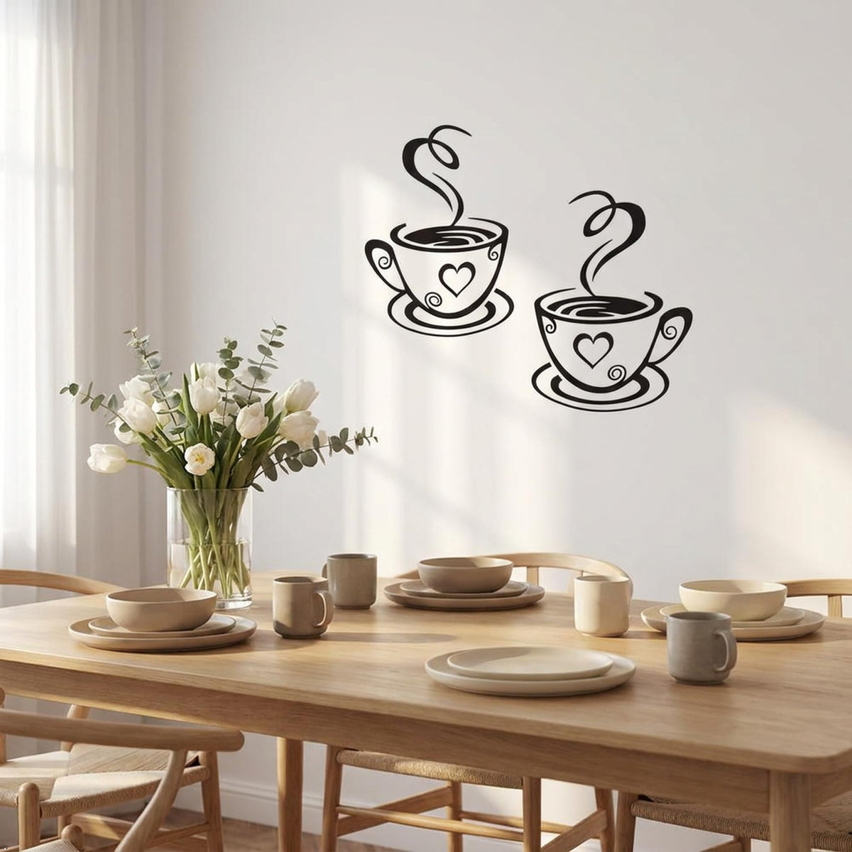 Decaltor Dual Coffee Cup Vinyl Wall Decal, Black, 12 x 7 in, Home Decor
