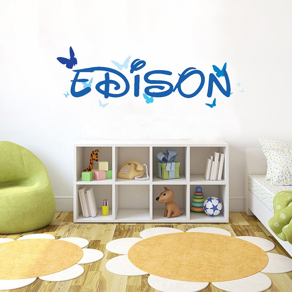 Picniva Custom Baby Name Wall Decal, Blue Butterfly, Font Two