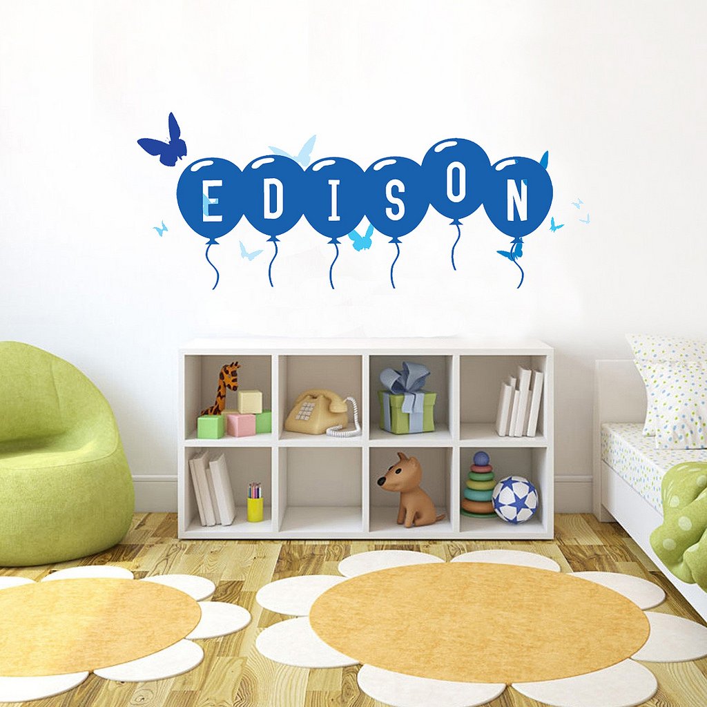 Picniva Custom Baby Name Wall Decal, Blue Butterfly, Font Four