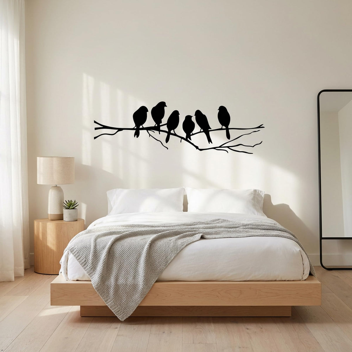 Picniva Six Birds on Tree Branch Vinyl Wall Decal, Black, 22 x 7 in