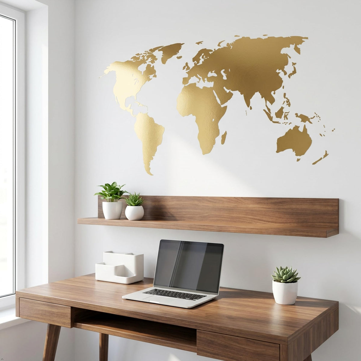 Picniva Gold World Map Wall Decal 10x22" Peel & Stick Vinyl Travel Décor