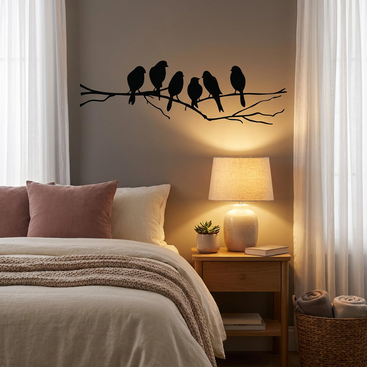 Picniva Six Birds on Tree Branch Vinyl Wall Decal, Black, 22 x 7 in