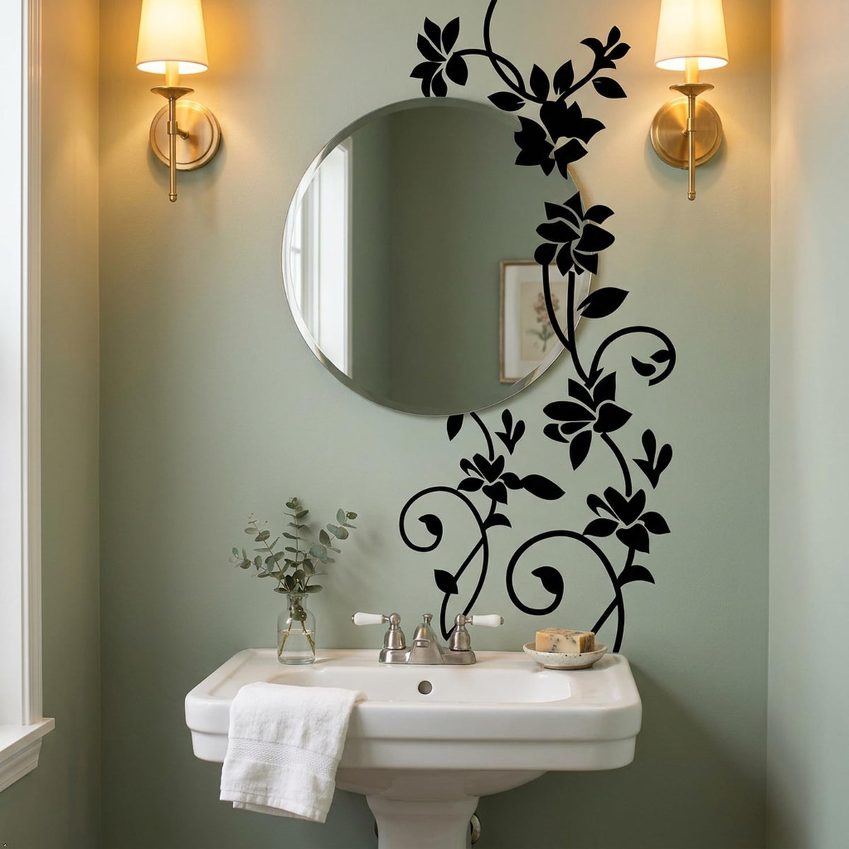 Rattan Flower Vine Wall Decal, Black, 12 x 41 in