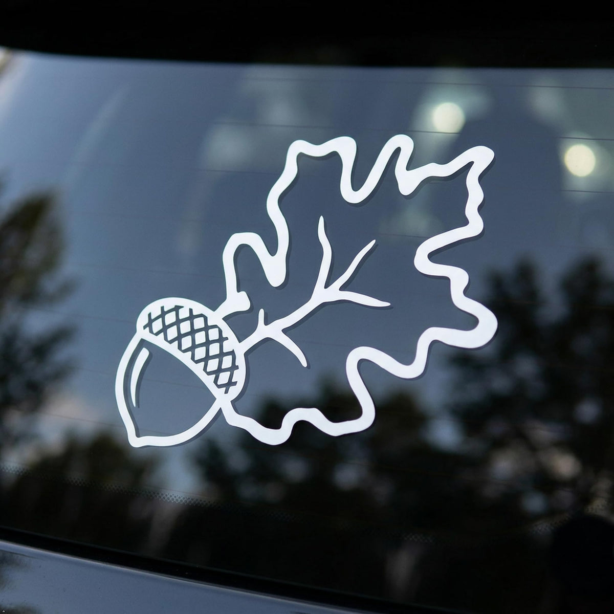 Picniva Acorn Oak Leaf White Vinyl Car Window Decal, Approx 5 in