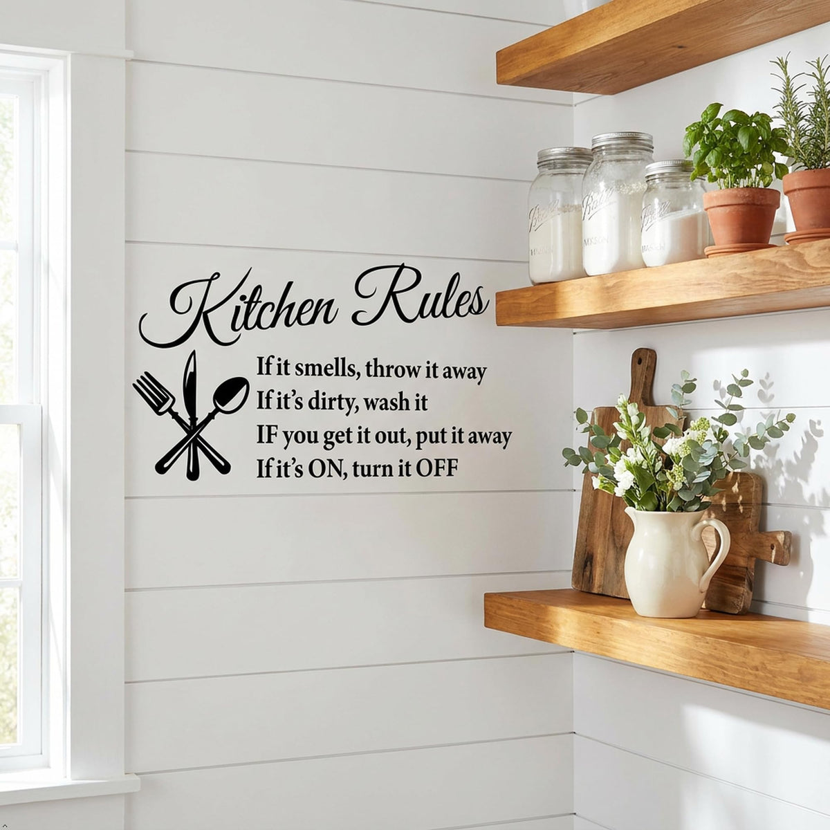 Picniva White 26x16 Kitchen Rules Vinyl Wall Decal Dining Quote Decor