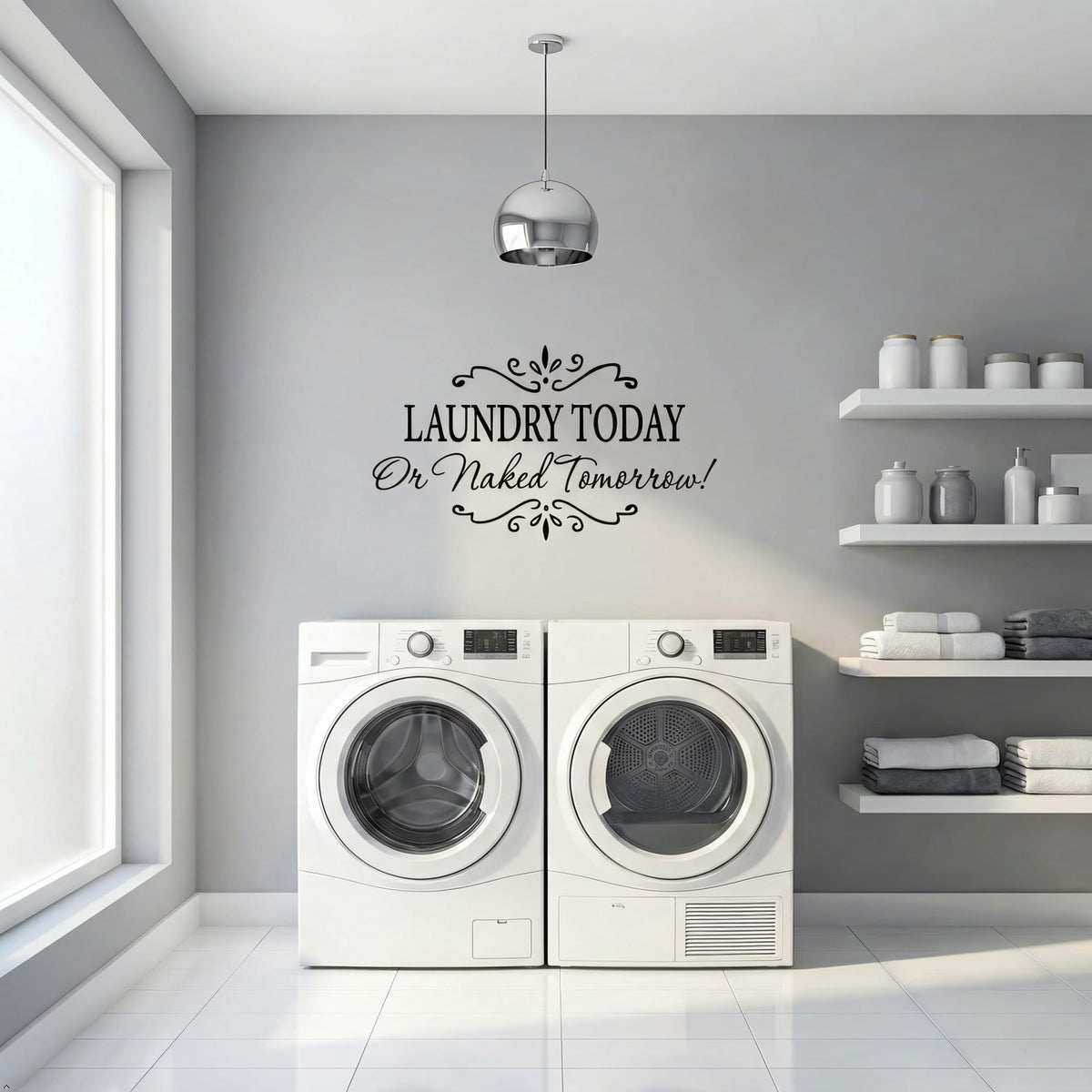 Picniva Laundry Today or Naked Tomorrow Wall Decal, White 15 x 32 in