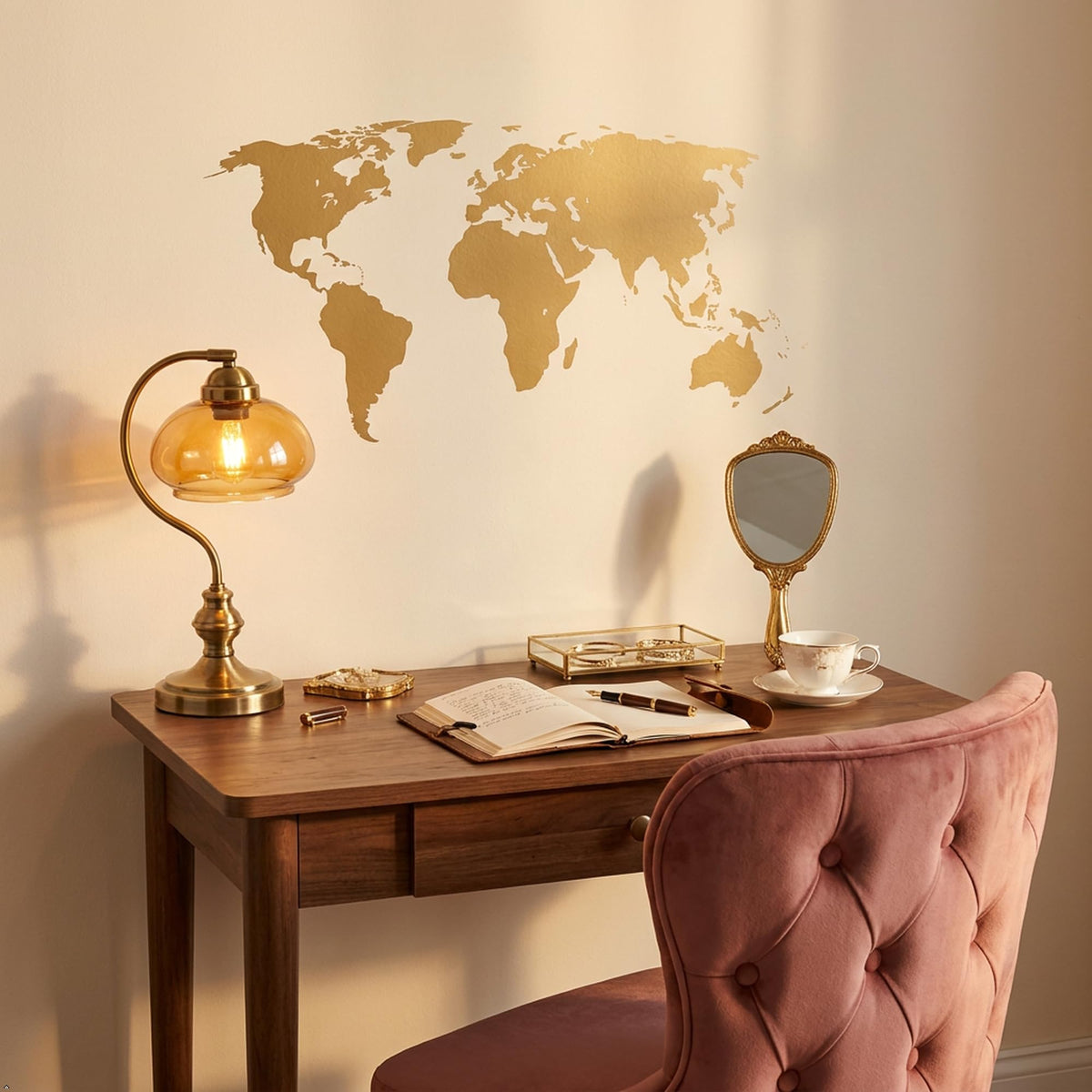 Picniva Gold World Map Wall Decal 10x22" Peel & Stick Vinyl Travel Décor
